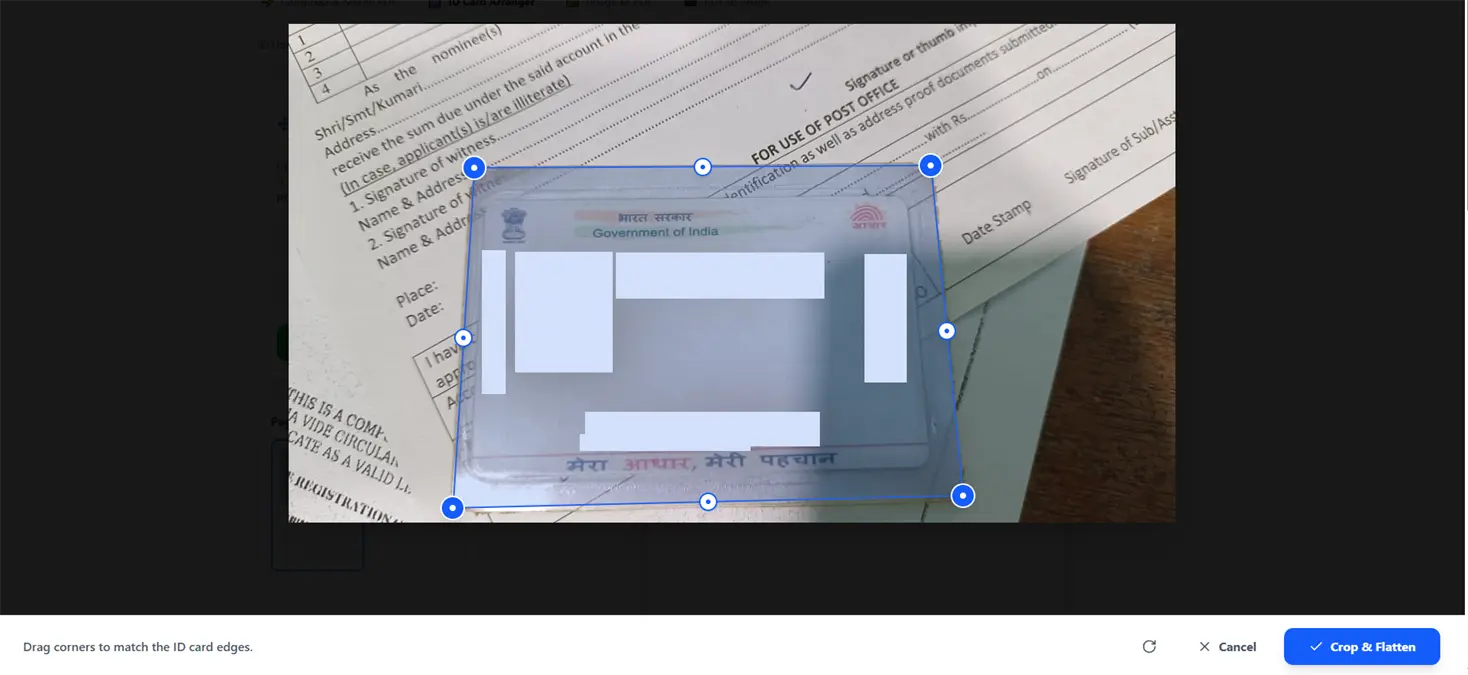 Showing the corner selection and perspective cropping for an Aadhaar card